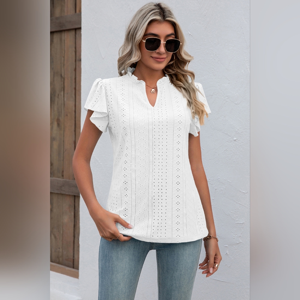 Eyelet Notched Flutter Sleeve Top